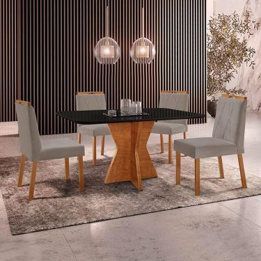 Imagem de Conjunto Sala De Jantar Mesa Madri 140x80cm Tampo Retângular Vidro Preto Com 4 Cadeiras Bela Veludo Cinza