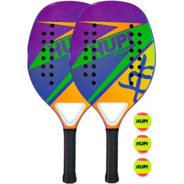 Imagem de Kit 2 Raquetes Beach Tennis HUPI Carbon/Fiberglass Sprint + 3 Bolas de