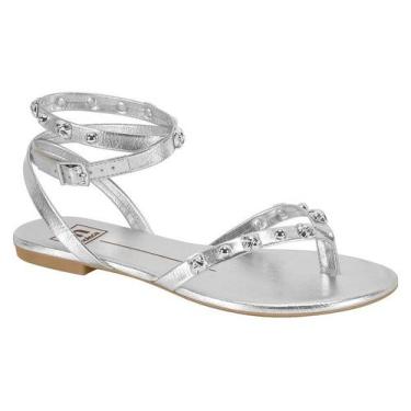 Imagem de Sandália Rasteira Moleca Feminina Metalizada Pedrarias Brilho -, Prata