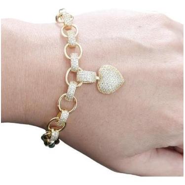 Imagem de Pulseira Bracelete F. Ouro 18K Com Zircônia Pingente Coração - De Cast