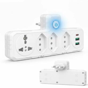 Imagem de Filtro de Linha Benjamin Adaptador Universal 2 USB Rapido 1 Tipo C Com Tomada Internacional e 3 Tomada 3P Bivolt -Branco