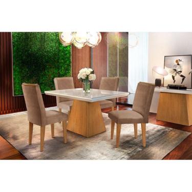 Imagem de Conjunto: Mesa de Cozinha Luna Tampo Madeirado c/ Vidro Canto Reto 120x80cm e 4 Cadeiras Lunara Imbuia/Suede Capuccino - Rufato