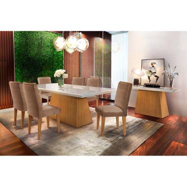 Imagem de Conjunto: Mesa Sala Jantar Luna c/ Tampo Madeirado c/ Vidro Canto Reto 180cm + 6 Cadeiras Lunara Imbuia/Chocolate Capuccino - Rufato