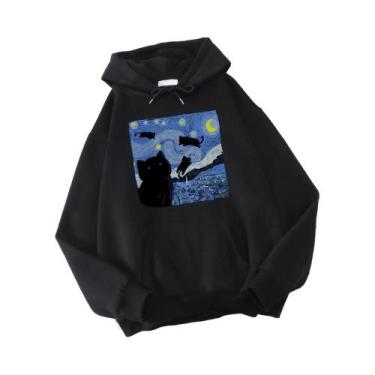 Imagem de Moletom Masculino Oversize Com Capuz Estampado Gato Estrelado Noturno 