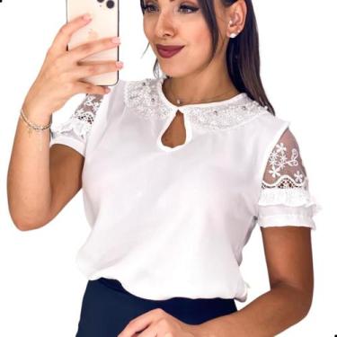 Imagem de Blusa Feminina Social Evangélica Manga Renda Guipir Pérolas Cor:Branco