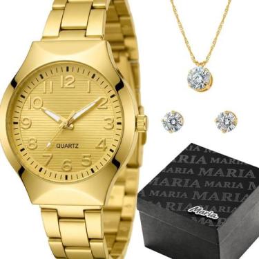 Imagem de Relogio Feminino Banhado Aço Inox + Brincos Colar + Caixa ouro 18k ino