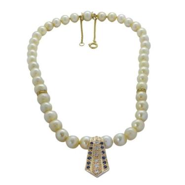 Imagem de Colar Perolas Pingente Safiras e 38 Pontos Diamante Ouro 18K - MV Joia