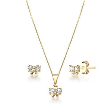 Imagem de Conjunto Kit Colar Brinco Pingente Lacinho Joias Folheadas Ouro 18k - 