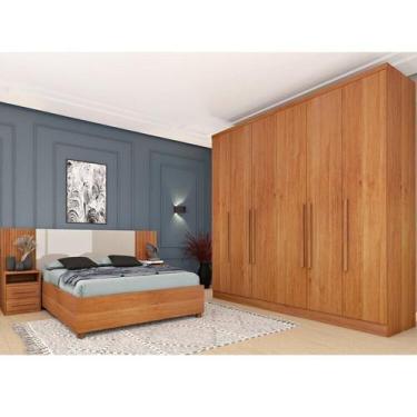 Imagem de Quarto Casal Completo Roupeiro Veneza 4 Gavetas Painel Ripado com Mesa