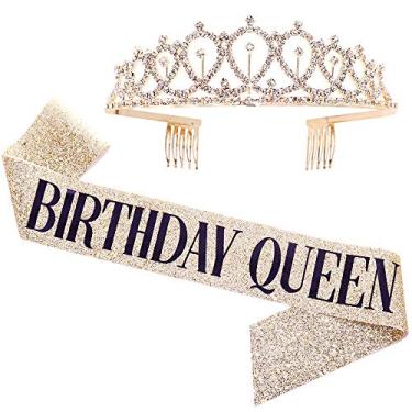Imagem de Kit de faixa e tiara de strass "Birthday Queen" - Presentes de aniversário de 21 anos de 30 anos, faixa de aniversário para mulheres, suprimentos de festa de aniversário (glitter dourado com letras