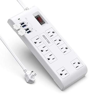 Imagem de Quick Charge 3.0 Power Strip Surge Protector USB, BESTEK Multi Tomadas Plug 8 Tomadas 4 Portas de Carregamento USB, 6 Pés de Comprimento Cabos de Extensão Resistentes, 900 Joule, FCC ETL listado