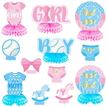 Imagem de OSNIE 12 peças de bebê gênero revela peças centrais de favo de mel topos de mesa azul e rosa gênero revela materiais de decoração de festa unissex para ele ou ela menino ou menina chá chá de bebê anúncios de gravidez decoração