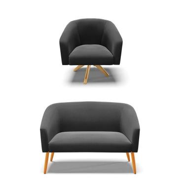 Imagem de Kit 1 Namoradeira E 1 Poltrona Giratória Base Madeira Preto