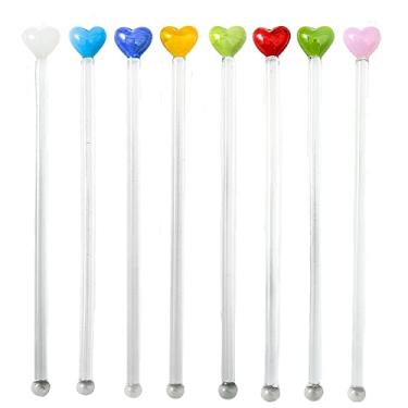 Imagem de 8 peças de bastões de vidro com cabeça de coração de amor bastão mexedor de café reutilizável chocolate quente coquetel leite expresso colheres para festa café bar copos decoração de caneca