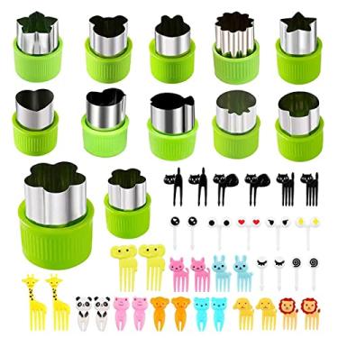 Imagem de Conjunto de 46 peças de formas de cortador de frutas vegetais BetterJonny, mini cortadores de biscoito de aço inoxidável com 34 peças de palitos de comida de animais de desenho animado e garfos para assar e cortadores de biscoito para crianças (cor aleatória)