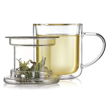 Imagem de Teabloom Xícara de chá de vidro borossilicato à prova de calor e isolamento com infusor de vidro para chá solto - Caneca de infusão de bem-estar com tampa de dupla finalidade (227 g)