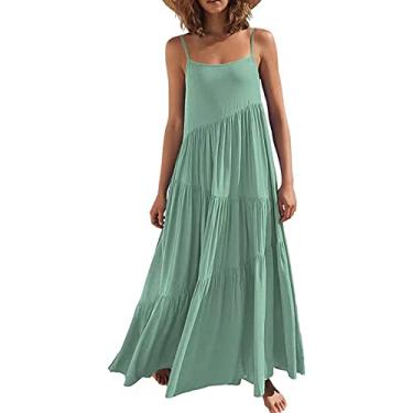 Imagem de Vestidos de verão femininos maxi vestidos de cor sólida solta plissado vestido irregular sem mangas suspensório praia maxi vestido longo, verde, XGG
