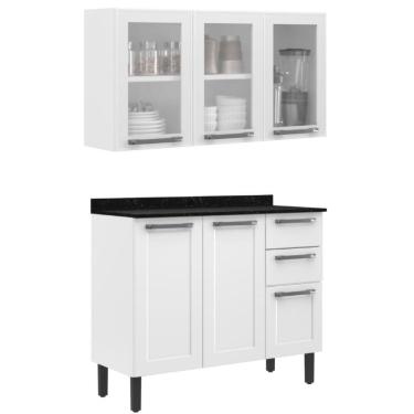 Imagem de Conjunto Cozinha Balcão Com Armário Aéreo Portas De Vidro Itatiaia Aço Florença Branco