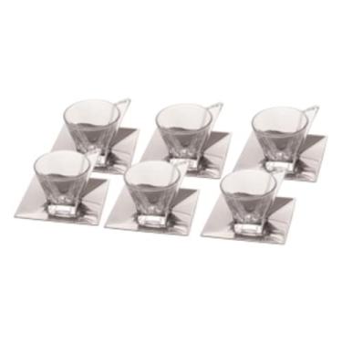 Imagem de Conjunto 6 Xícaras de Chá de Vidro com Pires de Aço Inox Veneza Preto Fosco 150ml - Wolff