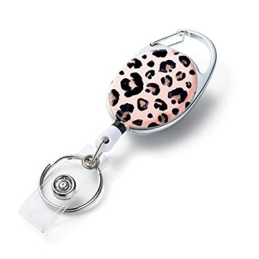 Imagem de Carretéis de crachá retráteis, suportes de crachá retráteis com padrão de impressão de cor dupla face, com chaveiro retrátil, clipe de crachá e chaveiro, corda retrátil de nylon durável, estampa de leopardo