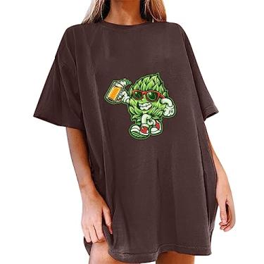 Imagem de Just Trim Camiseta feminina sólida com estampa de festival de cerveja sólida solta e confortável grande moda camiseta manga longa casual, Marrom, XG