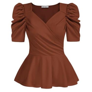 Imagem de GRACE KARIN Blusa feminina de verão 2024 elegante com gola V e manga curta, Chocolate, P