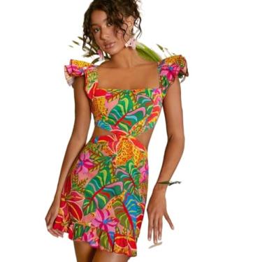 Imagem de Camisa Feminina Tropical Print Cut Out Waist Ruffle Hem Dress (Color : Multicolor, Size : M)