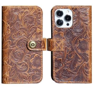 Imagem de RMAWRAD Capa carteira para iPhone 15 Pro Max de couro real de 6,7 polegadas, capa removível à prova de choque, capa flip com compartimento para cartão, marrom flor