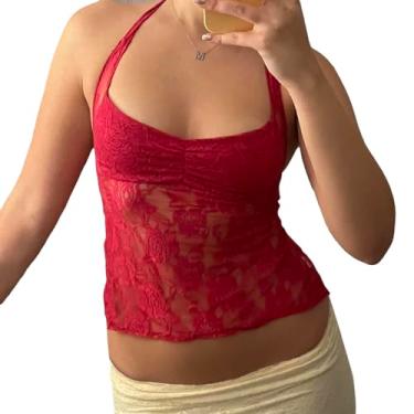 Imagem de Camiseta feminina Y2K com acabamento em renda e alças finas, gola quadrada, frente única, regata para sair, Frente única com gola vermelha, P