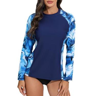 Imagem de Halcurt Camiseta feminina de manga comprida Rash Guard Top UPF50+ com proteção solar UV, roupa de banho de secagem rápida, Onda azul marinho/azul, GG