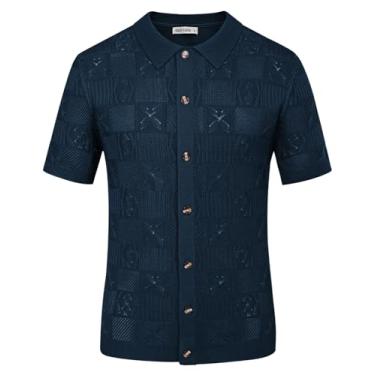 Imagem de GRACE KARIN Camisa polo masculina de malha com botões e manga curta para praia, Azul marinho, G
