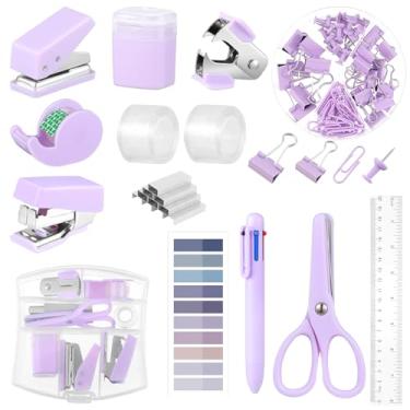 Imagem de Mini material de escritório, material escolar roxo com notas adesivas, mini grampeador, dispensador de fita, furador, removedor de grampos, grampos, tesoura, caneta (roxo)