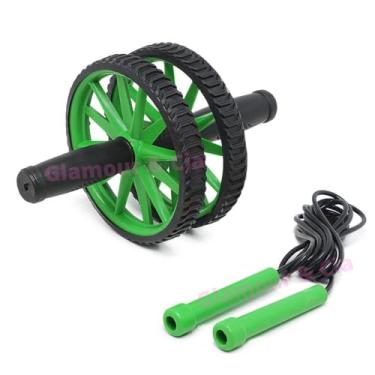 Imagem de Kit Roda Rodinha Abdominal Dupla + Corda De Pular Para Academia Treino Funcional Musculação Treinamento Em Casa (Verde)