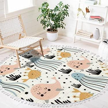 Imagem de Tapetes de área de praia do oceano, baleias, água-viva, caranguejos de animais marinhos, redondo, boho, tapete de linho, tapete lavável, corredor, tapete para quarto de bebê, decoração de quarto,