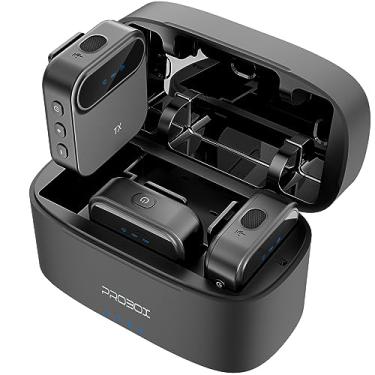 Imagem de Probox Microfone de lapela sem fio BT08 com cancelamento de ruído, alcance de transmissão de 198 metros, vida útil da bateria de 20H, sistema compacto de microfone de lapela multifuncional para câmera