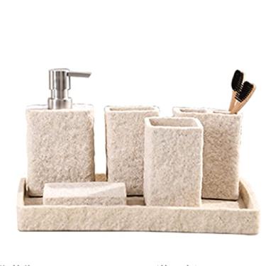 Imagem de Casa de campo Arenito dispensador de sabão acessórios conjunto fosco textura bancada do banheiro conjunto premium decoração do banheiro dispensador sabão branco Garrafa com bomba