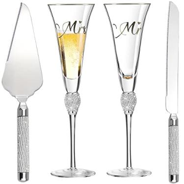 Imagem de Conjunto de 4 taças de champanhe para casamento, faca de bolo e servidor, presentes de casamento para noivos e noivos, aro dourado e strass cravejado para torradas – haste longa, conjunto de corte de bolo para casamento