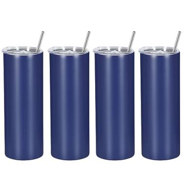 Imagem de Wzaytia Pacote com 4 copos skinny retos de 590 ml, individualmente caixa de presente de aço inoxidável, conjunto de copos finos para viagem, 590 ml, azul marinho