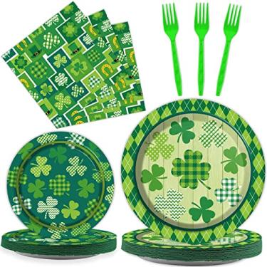 Imagem de Conjunto de 96 peças de utensílios de mesa do dia de São Patrício, pratos de trevo verde da sorte, pratos de festa de festival irlandês, pratos e guardanapos de papel para 24 convidados