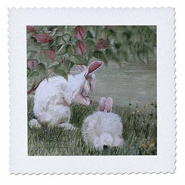 Imagem de 3dRose 2 coelhos sob um arbusto comendo - uma vista lateral e uma vista traseira - Quadrado de colcha, 35,5 x 35,5 cm (qs_44346_5)
