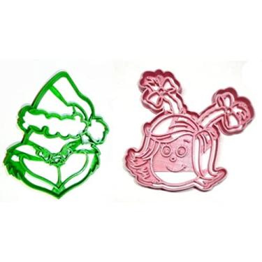 Imagem de GRINCH AND CINDY LOU WHO ROSTAS TEMÁTICAS DE FILME DE NATAL Conjunto de 2 cortadores de biscoito feitos nos EUA PR1627