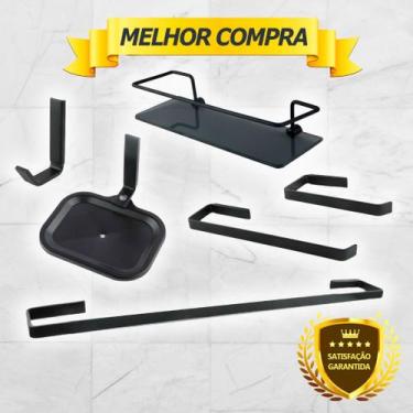 Imagem de Kit Acessórios Para Banheiro Quadrado Aço Inox 6 Peças Com Porta Shamp
