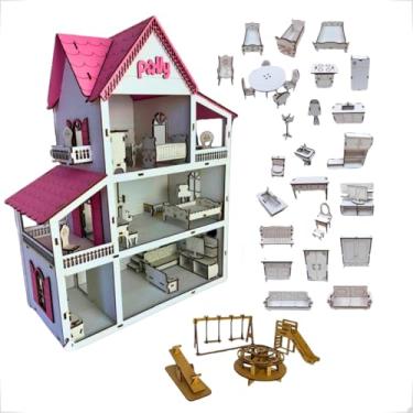 Imagem de Casa Boneca Branca Casinha Infantil em Mdf Pintado Com Parquinho + 30 Mini Móveis
