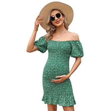 Imagem de FUNJULY Vestido feminino de maternidade com bainha de babados sereia para chá de bebê, gola quadrada, manga bufante, ombro de fora, vestido de verão para gestante, verde, P, Verde, P