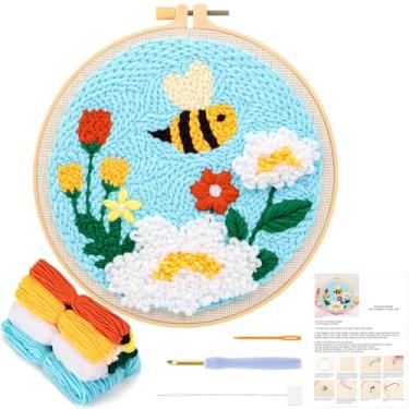 Imagem de JSRQT Kit de agulhas de perfuração, kit de gancho de tapete floral para iniciantes de abelha com bastidores de bordado, instruções (sem garantia de versão em português), kit de agulhas de punção
