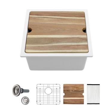 Imagem de Sarlai 18 Pia de cozinha branca composta de granito - 45,7 x 45,7 cm pia de estação de trabalho de preparação de barra de quartzo composto de quartzo branco tigela única retangular para trailers