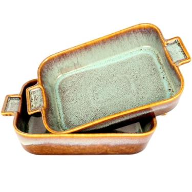 Imagem de jinsongdafa Caçarola, assadeira de cerâmica gratinada, assadeira grande de lasanha profunda para forno, assadeira com alças - Forno, micro-ondas, freezer e lava-louças - Ótimo presente (retangular 5,