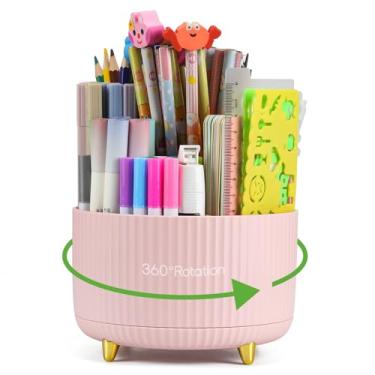 Imagem de DOCMON Porta-lápis giratório para caneta, organizador de mesa giratória, 5 compartimentos, porta-canetas com 50 folhas, notas adesivas para escola, escritório, casa, material de arte (rosa)