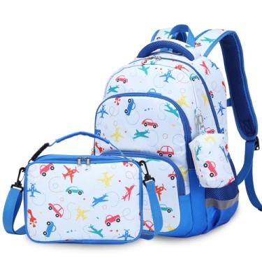 Imagem de MIRLEWAIY Mochila infantil de 15,7 polegadas, conjunto de 3 peças com lancheira, bolsa de lápis para escola, meninas, meninos e estudantes, Avião e carro azul, 15.7 inches x 11 inches x 5.2 inches