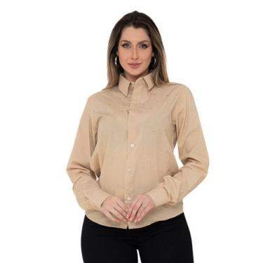 Imagem de Camisa Social Feminina Premium Tipo Linho Bege com strass - Pthirillo,